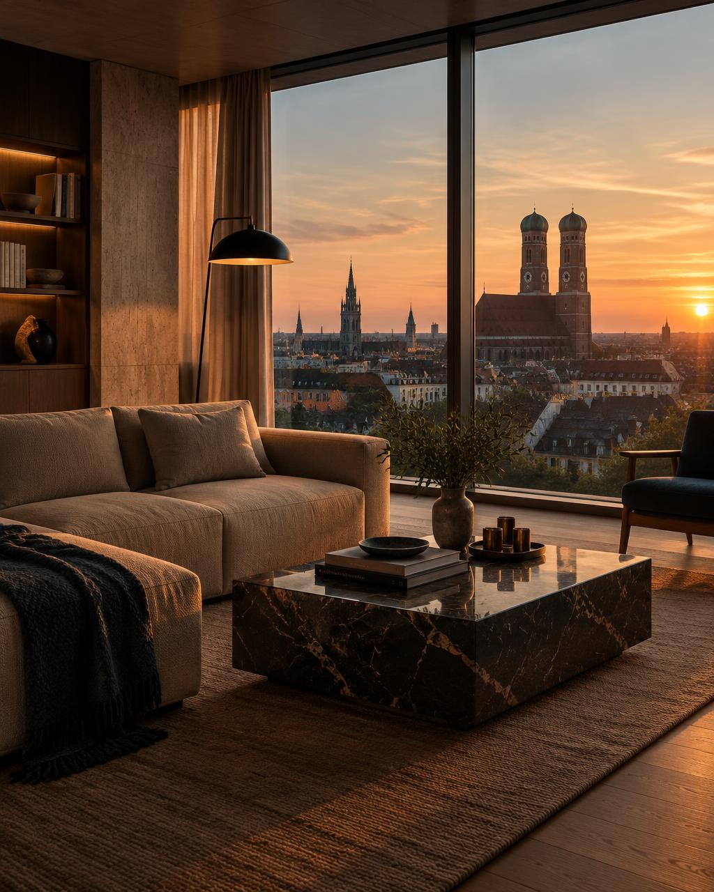 Generierte Visualisierung: modernisierter Wohnraum mit warmen Materialien und Blick über München